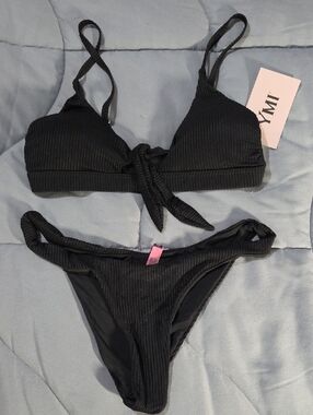 YMI Black Ribbed Sexy Tie-Front Bralette Bikini Set Med